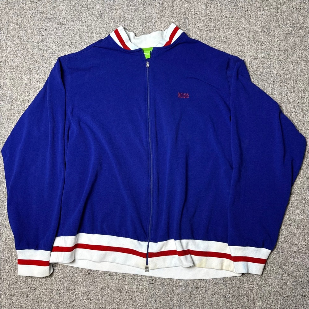 Hugo Boss Track Jacket Mens XXL Blue‎ Full Zip Pique Striped Trim